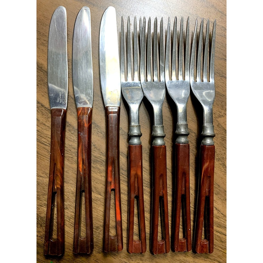 7pc Stanhome Vintage MCM Stainless Steel Knife Fork Flatware w/ Marbeled Handles